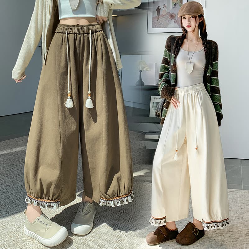 센 부서 술 펌프 로프 꽃밭 배기 바지 여성 레트로 레이스 측면 조거 넓은 다리 루즈핏 하이웨이스트 9 포인트 캐주얼 바지 이미지 3