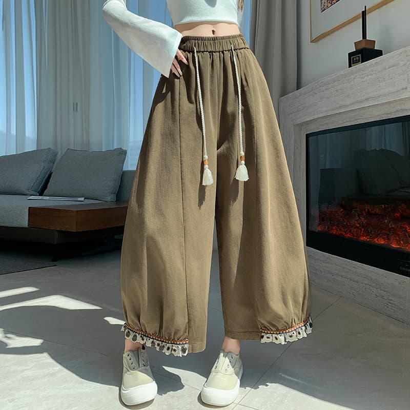 센 부서 술 펌프 로프 꽃밭 배기 바지 여성 레트로 레이스 측면 조거 넓은 다리 루즈핏 하이웨이스트 9 포인트 캐주얼 바지 이미지 4