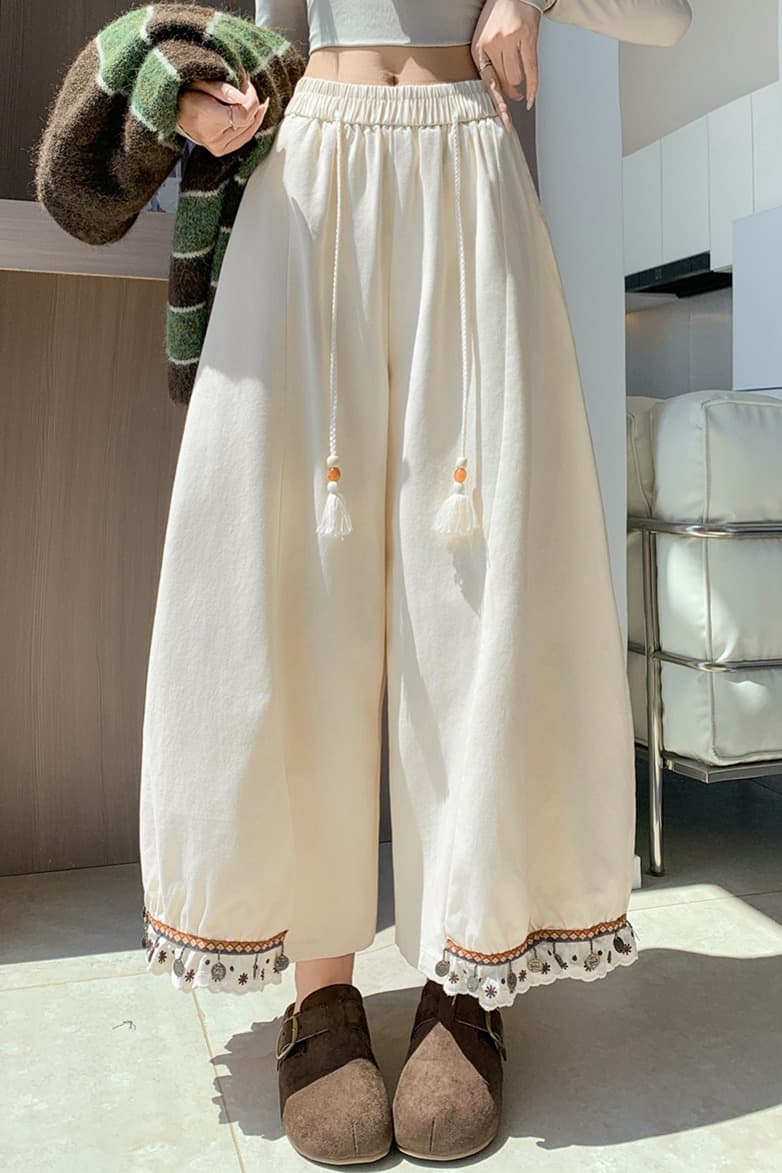 센 부서 술 펌프 로프 꽃밭 배기 바지 여성 레트로 레이스 측면 조거 넓은 다리 루즈핏 하이웨이스트 9 포인트 캐주얼 바지 이미지 7