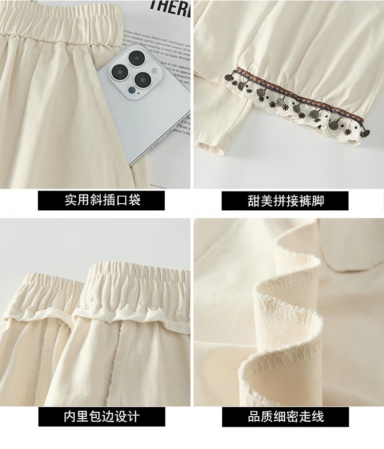 센 부서 술 펌프 로프 꽃밭 배기 바지 여성 레트로 레이스 측면 조거 넓은 다리 루즈핏 하이웨이스트 9 포인트 캐주얼 바지 상세 이미지 11