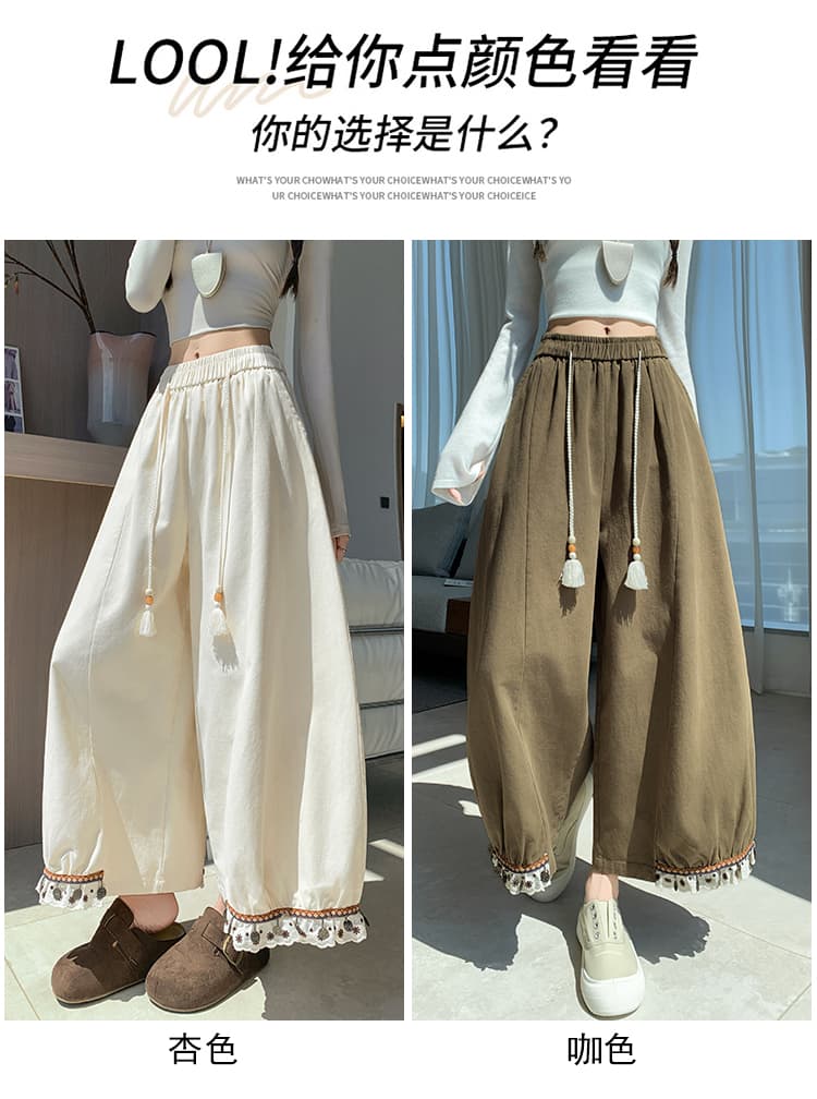 센 부서 술 펌프 로프 꽃밭 배기 바지 여성 레트로 레이스 측면 조거 넓은 다리 루즈핏 하이웨이스트 9 포인트 캐주얼 바지 상세 이미지 20