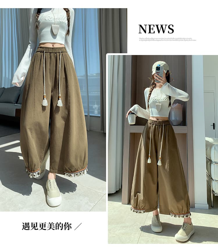 센 부서 술 펌프 로프 꽃밭 배기 바지 여성 레트로 레이스 측면 조거 넓은 다리 루즈핏 하이웨이스트 9 포인트 캐주얼 바지 상세 이미지 27