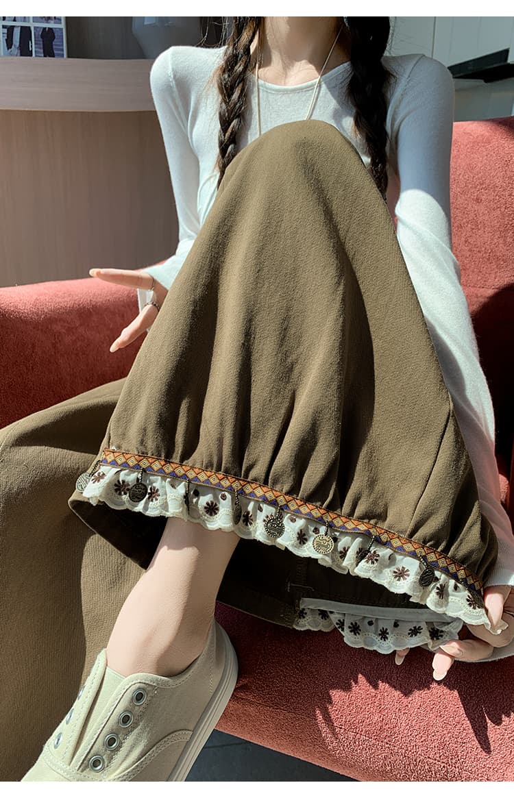 센 부서 술 펌프 로프 꽃밭 배기 바지 여성 레트로 레이스 측면 조거 넓은 다리 루즈핏 하이웨이스트 9 포인트 캐주얼 바지 상세 이미지 28