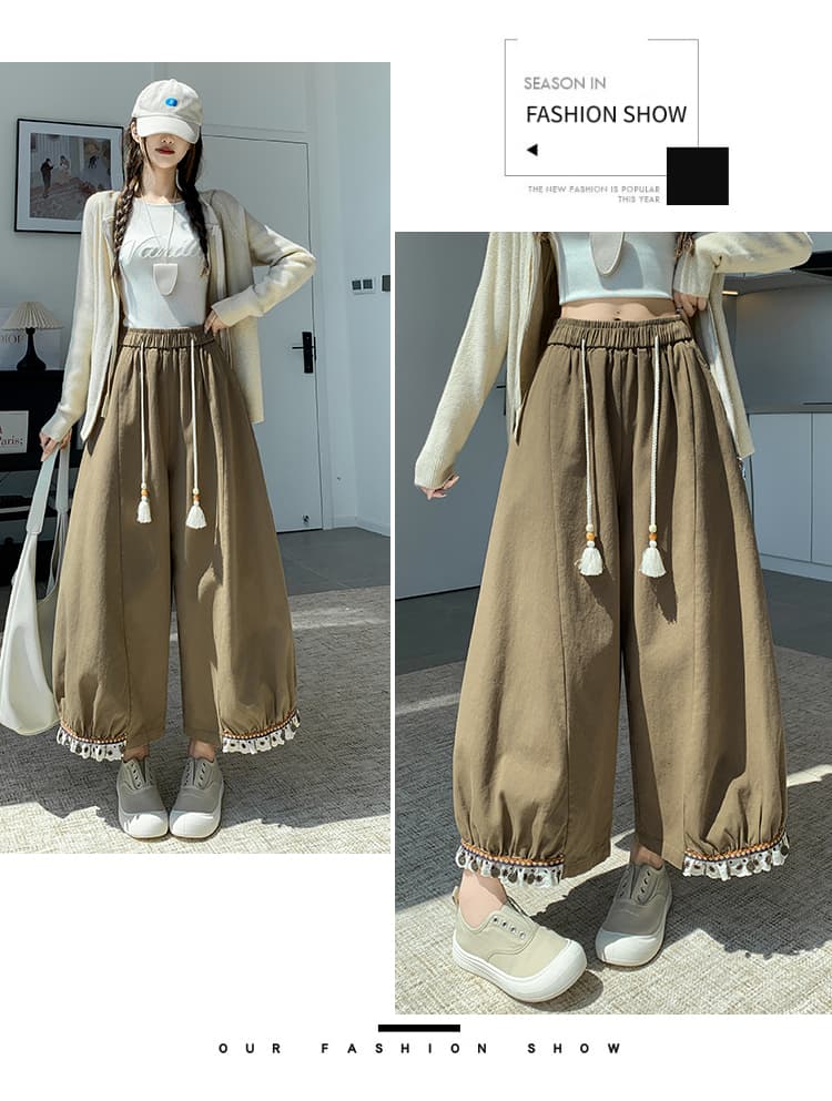 센 부서 술 펌프 로프 꽃밭 배기 바지 여성 레트로 레이스 측면 조거 넓은 다리 루즈핏 하이웨이스트 9 포인트 캐주얼 바지 상세 이미지 29