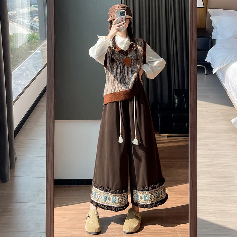 민족 스타일 자수 레이스 와이드 레깅스 바지 술 펌프 로프 허리밴드 레트로 센 부서 루즈핏 스트레이트 팬츠 작은 키 이미지 4