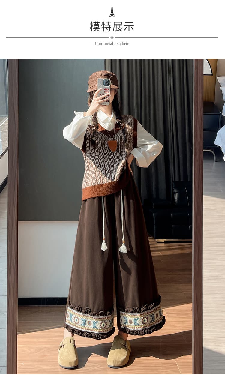 민족 스타일 자수 레이스 와이드 레깅스 바지 술 펌프 로프 허리밴드 레트로 센 부서 루즈핏 스트레이트 팬츠 작은 키 상세 이미지 20