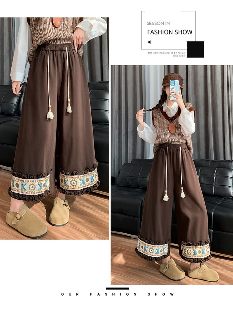 민족 스타일 자수 레이스 와이드 레깅스 바지 술 펌프 로프 허리밴드 레트로 센 부서 루즈핏 스트레이트 팬츠 작은 키 상세 이미지 28