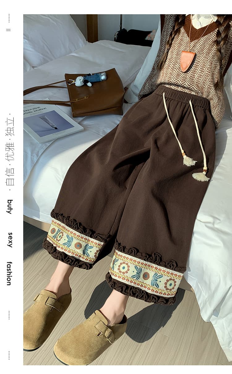 민족 스타일 자수 레이스 와이드 레깅스 바지 술 펌프 로프 허리밴드 레트로 센 부서 루즈핏 스트레이트 팬츠 작은 키 상세 이미지 30