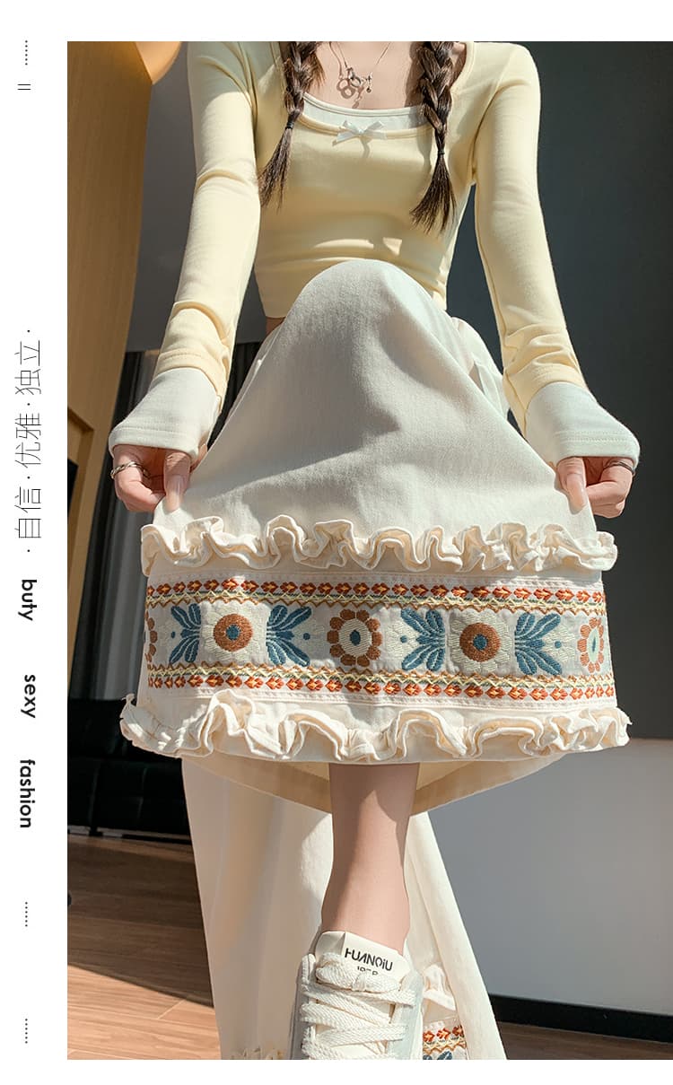 민족 스타일 자수 레이스 와이드 레깅스 바지 술 펌프 로프 허리밴드 레트로 센 부서 루즈핏 스트레이트 팬츠 작은 키 상세 이미지 45