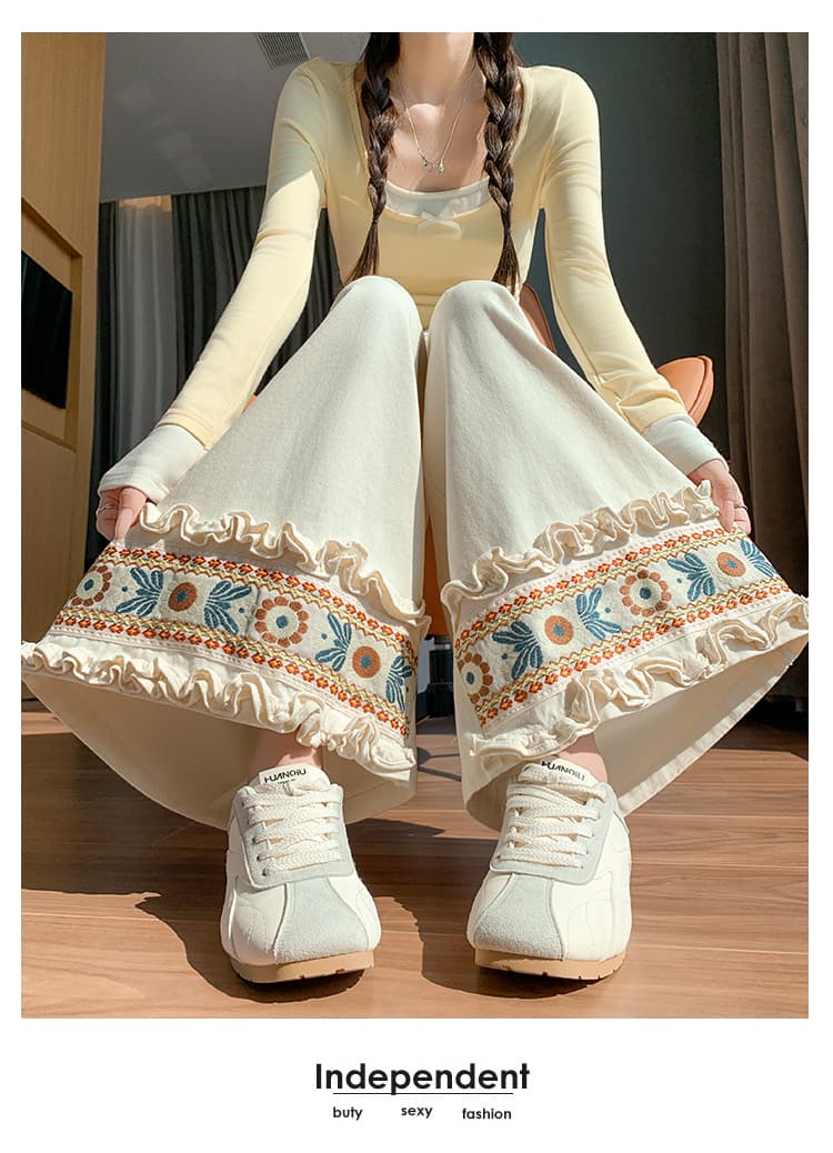민족 스타일 자수 레이스 와이드 레깅스 바지 술 펌프 로프 허리밴드 레트로 센 부서 루즈핏 스트레이트 팬츠 작은 키 상세 이미지 46