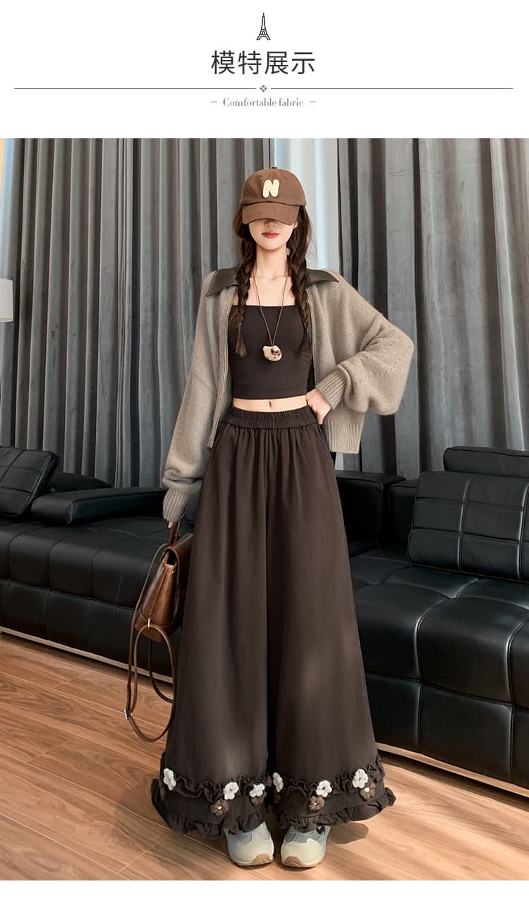 센 부서 프릴 꽃 와이드 레깅스 바지 가을 레트로 허리밴드 도루 센스 루즈핏 스트레이트 캐주얼 바닥 청소 긴 바지 상세 이미지 23