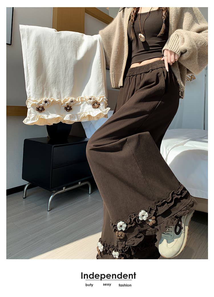 센 부서 프릴 꽃 와이드 레깅스 바지 가을 레트로 허리밴드 도루 센스 루즈핏 스트레이트 캐주얼 바닥 청소 긴 바지 상세 이미지 26