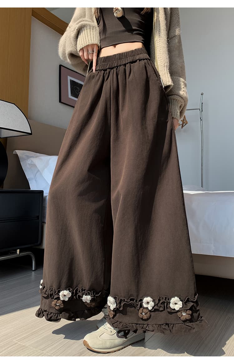 센 부서 프릴 꽃 와이드 레깅스 바지 가을 레트로 허리밴드 도루 센스 루즈핏 스트레이트 캐주얼 바닥 청소 긴 바지 상세 이미지 30