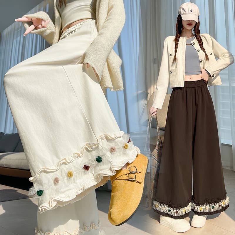 센 부서 색상 털 공 프릴 와이드 레깅스 바지 가을 허리밴드 큰 진자 바지 루즈핏 도루 센스 캐주얼 바닥 청소 긴 바지 이미지 3