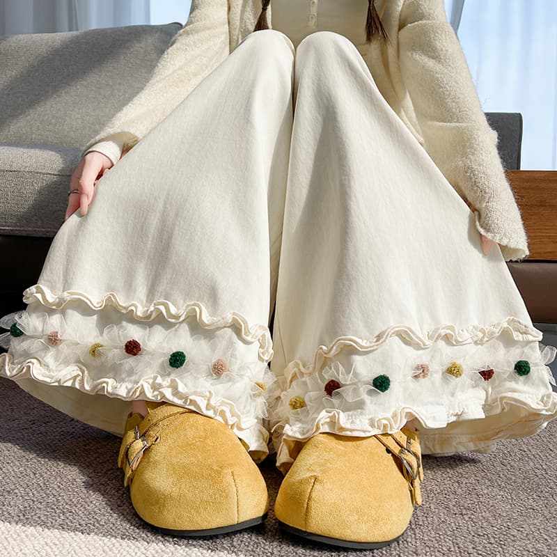 센 부서 색상 털 공 프릴 와이드 레깅스 바지 가을 허리밴드 큰 진자 바지 루즈핏 도루 센스 캐주얼 바닥 청소 긴 바지 이미지 2