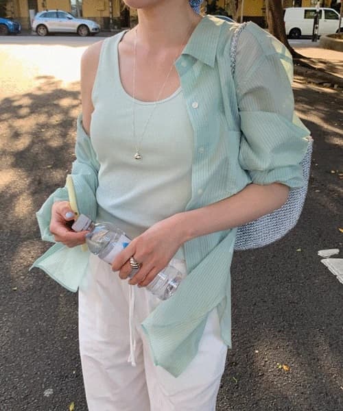 있음 밖으로 한국 스타일 느긋한 바람 스트라이프 마이크로 ~을 통해 얇은 스타일 자외선 차단 통기성 편안함 루즈핏 캐주얼 맨위 셔츠 이미지 3