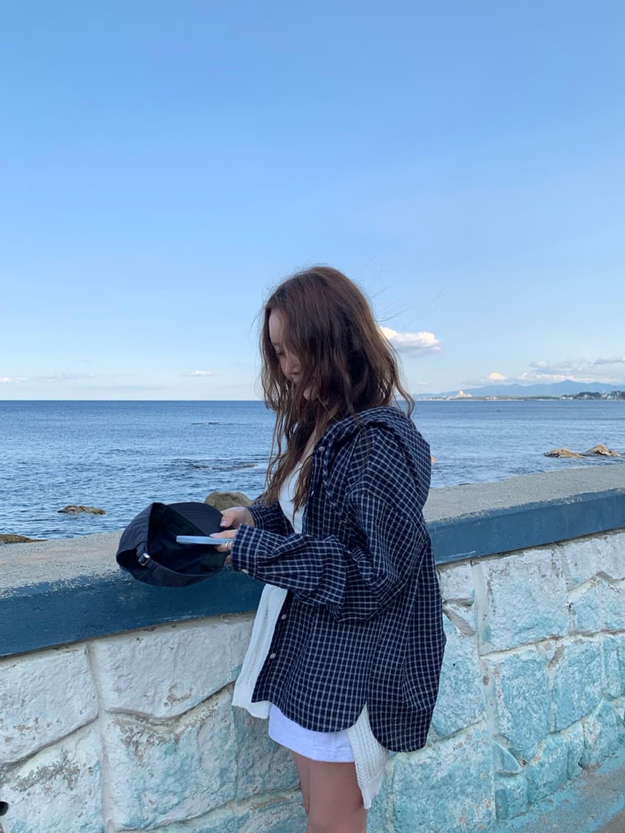있음 밖으로 한국 스타일 레트로 체크무늬 배색 루즈핏 캐주얼 편안함 통기성 후드 자외선 차단 셔츠 상세 이미지 26