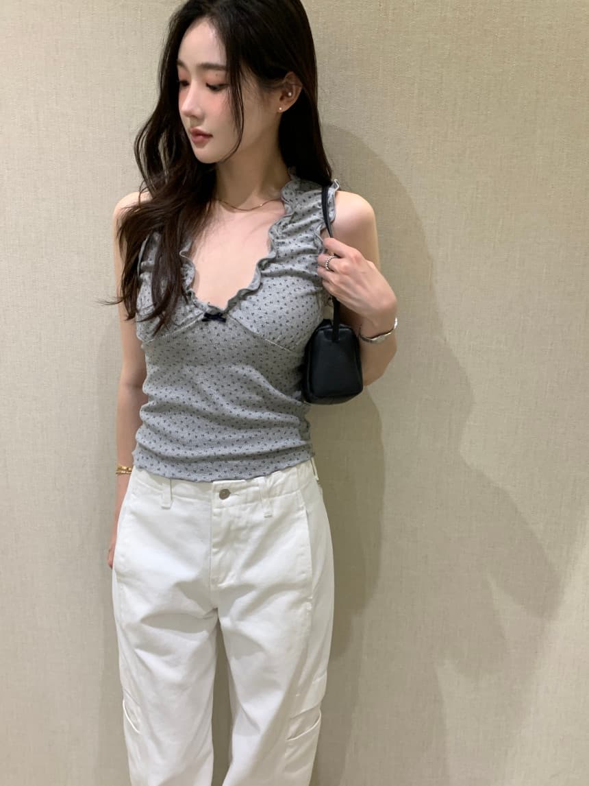 있음 밖으로 한국 스타일 밴딩 주름 V넥 민소매 조끼 슬립 상세 이미지 6