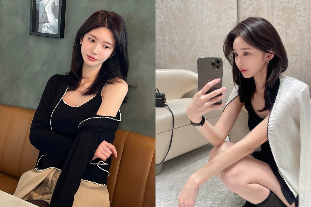 재고 있음 한국 스타일 캐주얼 투피스 세트 니트 스웨터 여성 배색 슬립 오픈 가디건 맨위 세트 상세 이미지 1