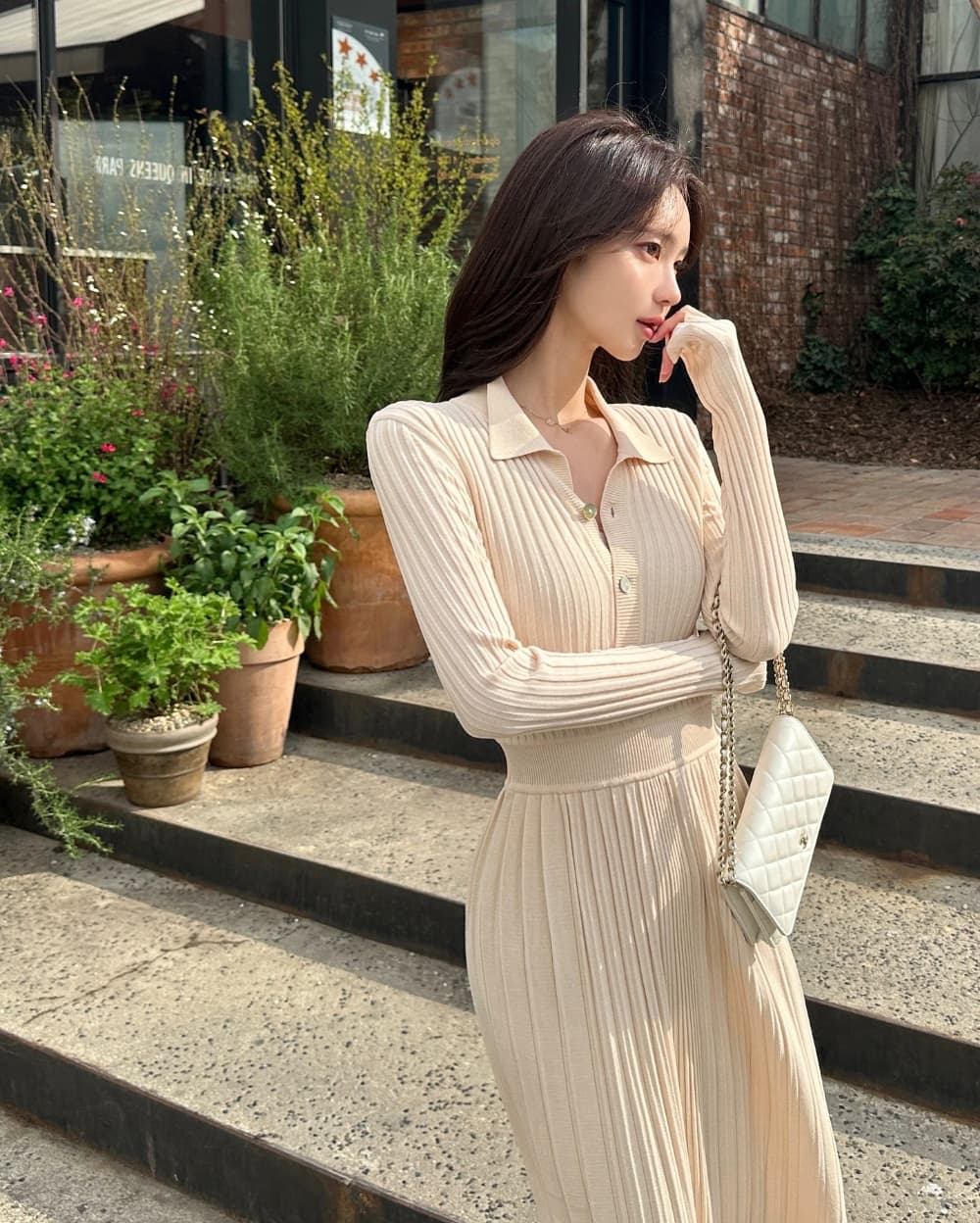 있음 밖으로 한국 스타일 빛 요리 한 바람 품격 폴로 칼라 니트 편안함 부드럽다 허리 수축 슬림해 보이는 주름 큰 진자 드레스 상세 이미지 40