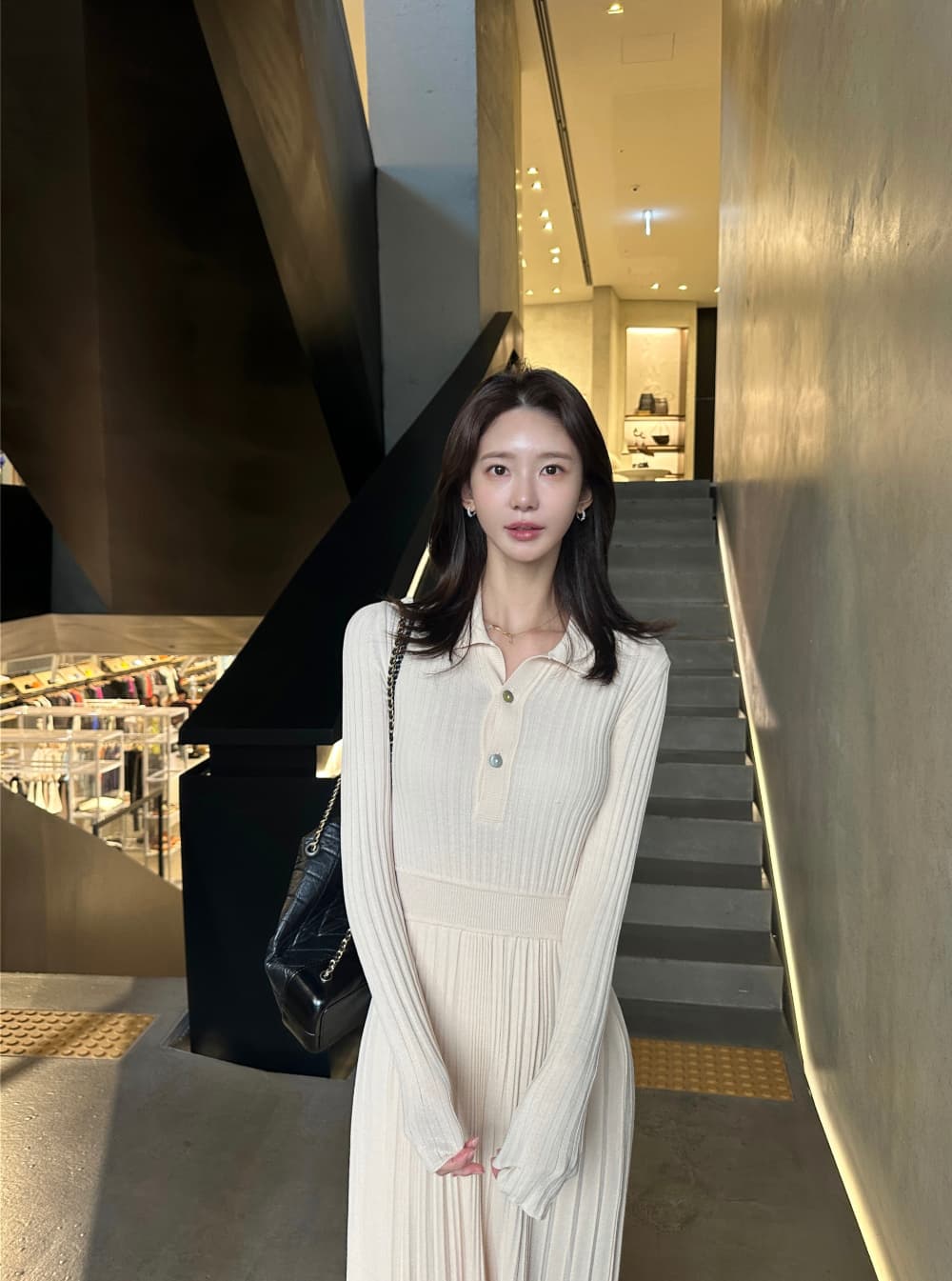 있음 밖으로 한국 스타일 빛 요리 한 바람 품격 폴로 칼라 니트 편안함 부드럽다 허리 수축 슬림해 보이는 주름 큰 진자 드레스 상세 이미지 41