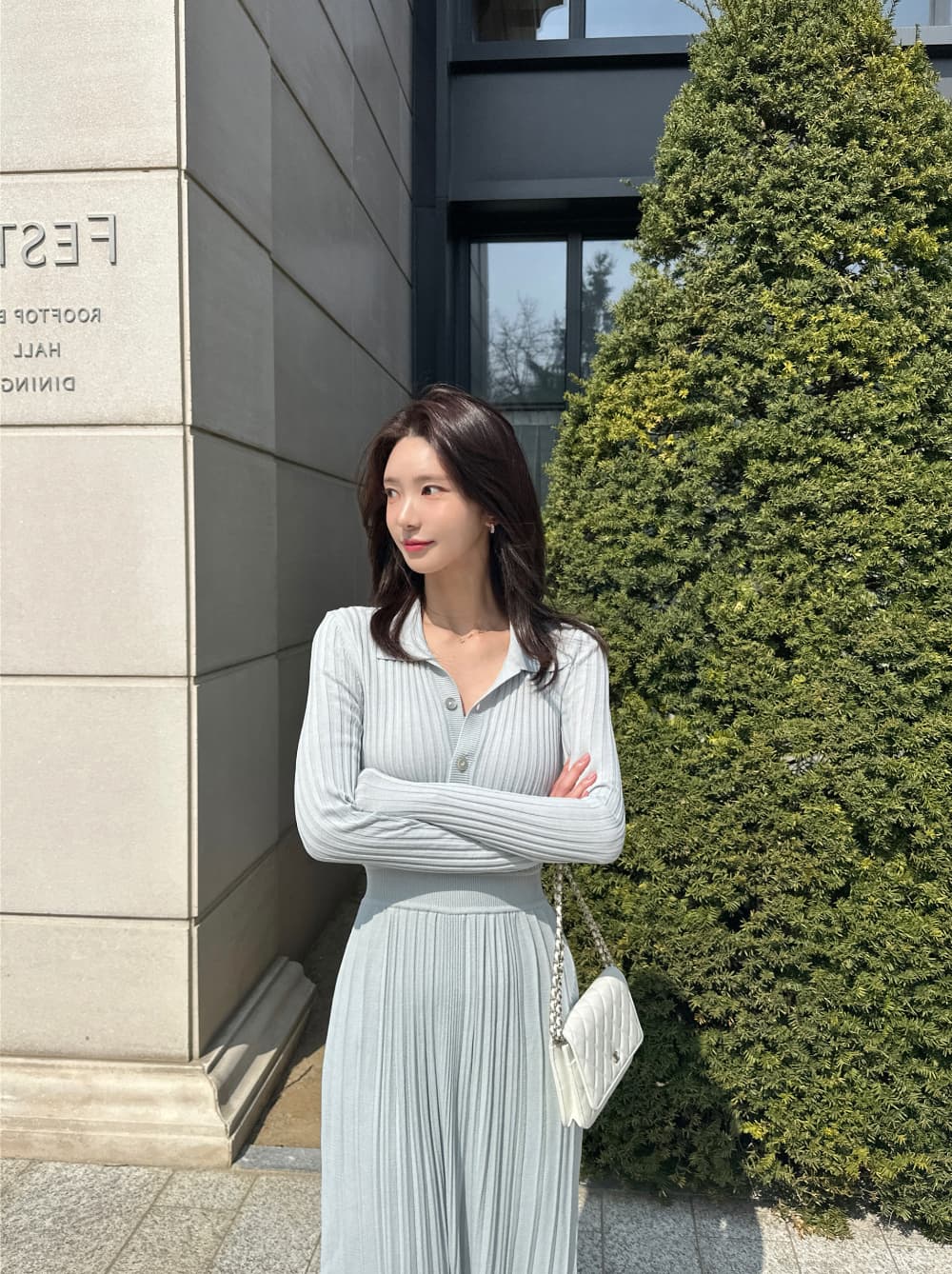 있음 밖으로 한국 스타일 빛 요리 한 바람 품격 폴로 칼라 니트 편안함 부드럽다 허리 수축 슬림해 보이는 주름 큰 진자 드레스 상세 이미지 88