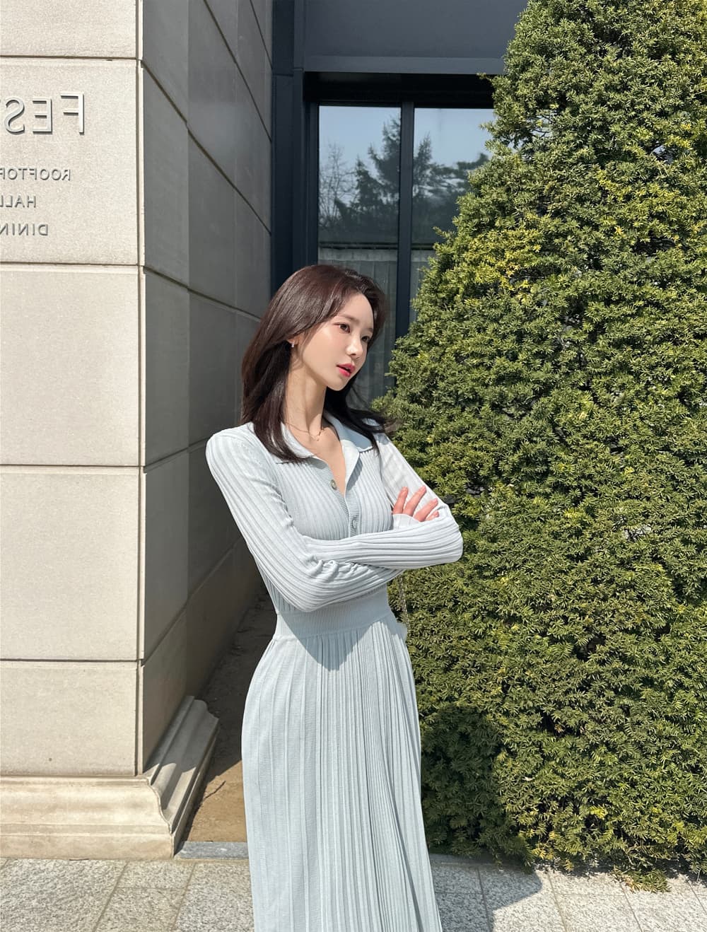 있음 밖으로 한국 스타일 빛 요리 한 바람 품격 폴로 칼라 니트 편안함 부드럽다 허리 수축 슬림해 보이는 주름 큰 진자 드레스 상세 이미지 90