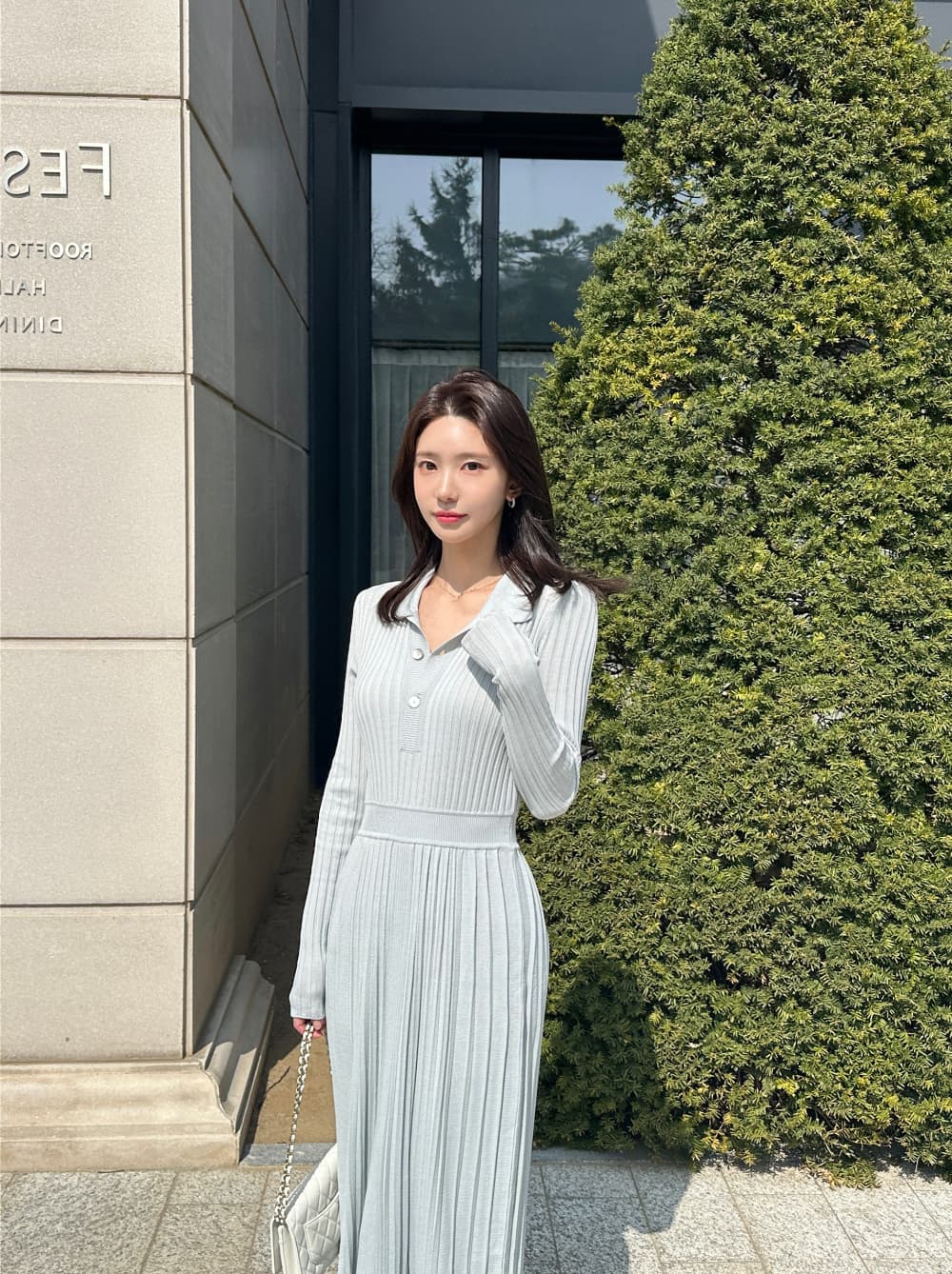 있음 밖으로 한국 스타일 빛 요리 한 바람 품격 폴로 칼라 니트 편안함 부드럽다 허리 수축 슬림해 보이는 주름 큰 진자 드레스 상세 이미지 91