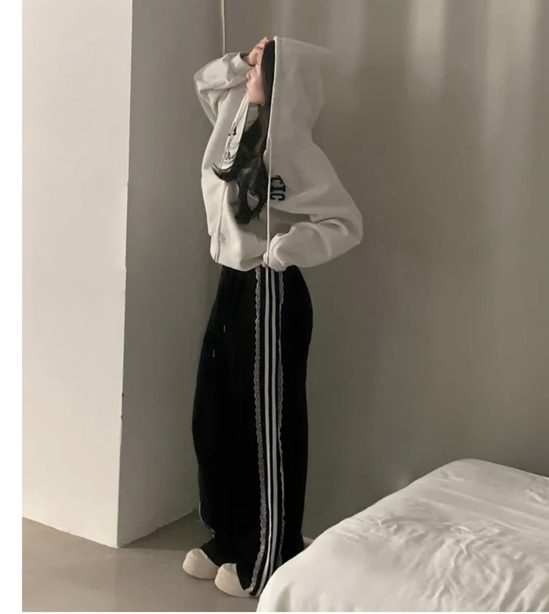 있음 밖으로 한국 스타일 다용도 슬림해 보이는 허리밴드 레이스 레이스 패치워크 캐주얼 바지 웨이 바지 긴 바지 상세 이미지 23