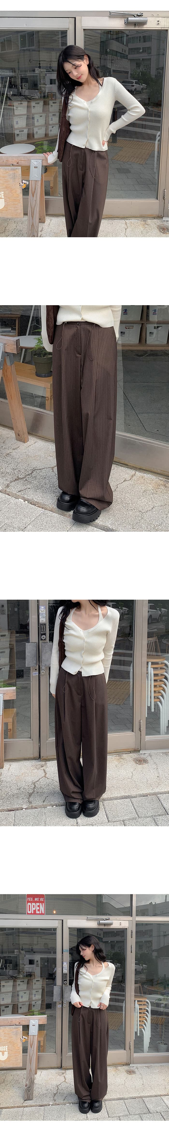 한국 스타일 품격 패션 다용도 느슨함 센스 펌프 로프 스트라이프 슬림해 보이는 캐주얼 바지 와이드 레그 팬츠 바닥 청소 바지 상세 이미지 4