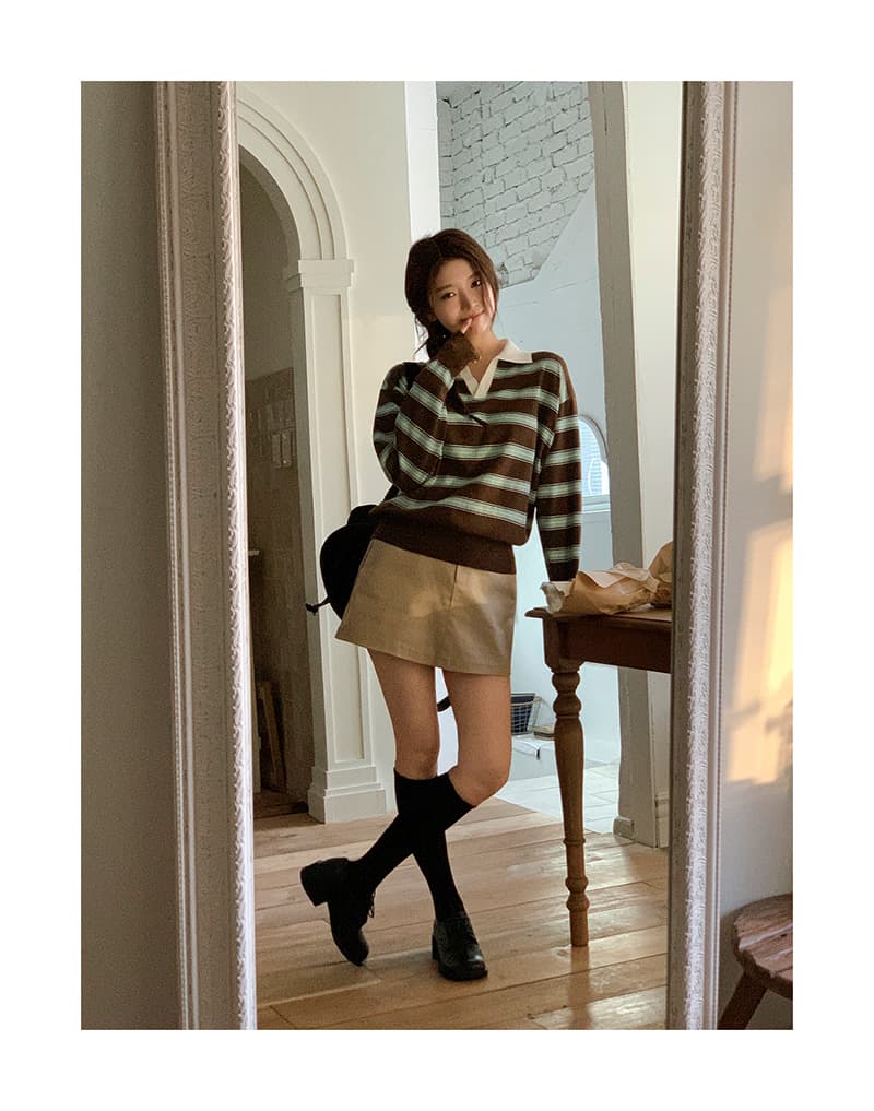 있음 밖으로 한국 스타일 스트라이프 패치워크 색상 POLO 칼라 니트 긴 소매 티셔츠 스웨터 맨위 여성 상세 이미지 4