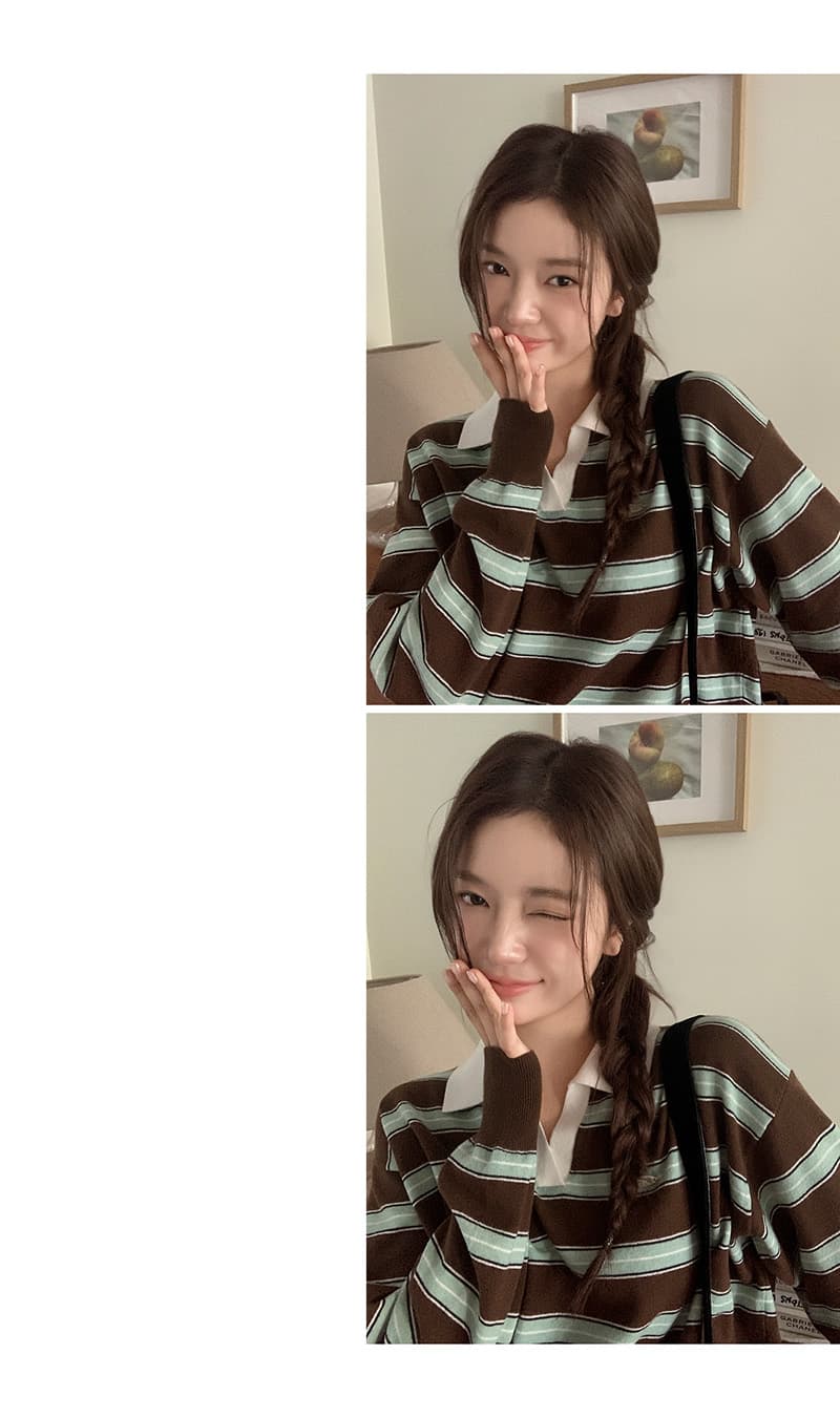 있음 밖으로 한국 스타일 스트라이프 패치워크 색상 POLO 칼라 니트 긴 소매 티셔츠 스웨터 맨위 여성 상세 이미지 13