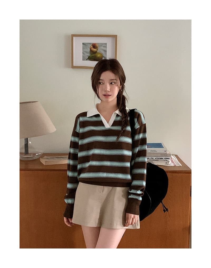 있음 밖으로 한국 스타일 스트라이프 패치워크 색상 POLO 칼라 니트 긴 소매 티셔츠 스웨터 맨위 여성 상세 이미지 16