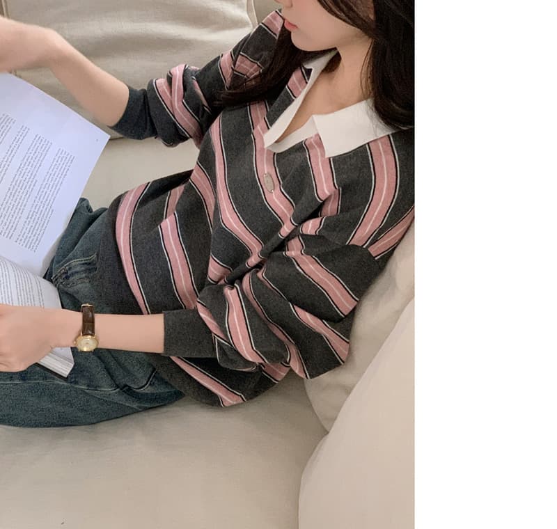 있음 밖으로 한국 스타일 스트라이프 패치워크 색상 POLO 칼라 니트 긴 소매 티셔츠 스웨터 맨위 여성 상세 이미지 39