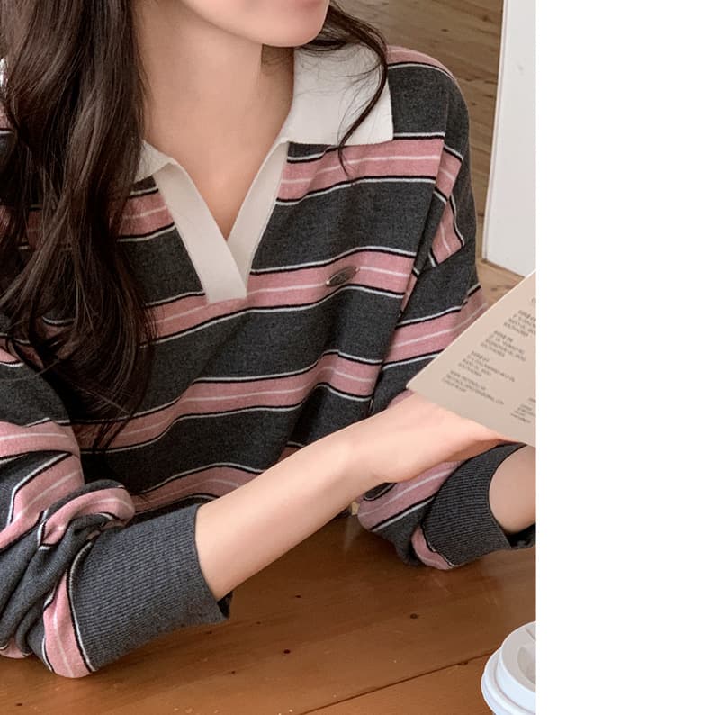 있음 밖으로 한국 스타일 스트라이프 패치워크 색상 POLO 칼라 니트 긴 소매 티셔츠 스웨터 맨위 여성 상세 이미지 45