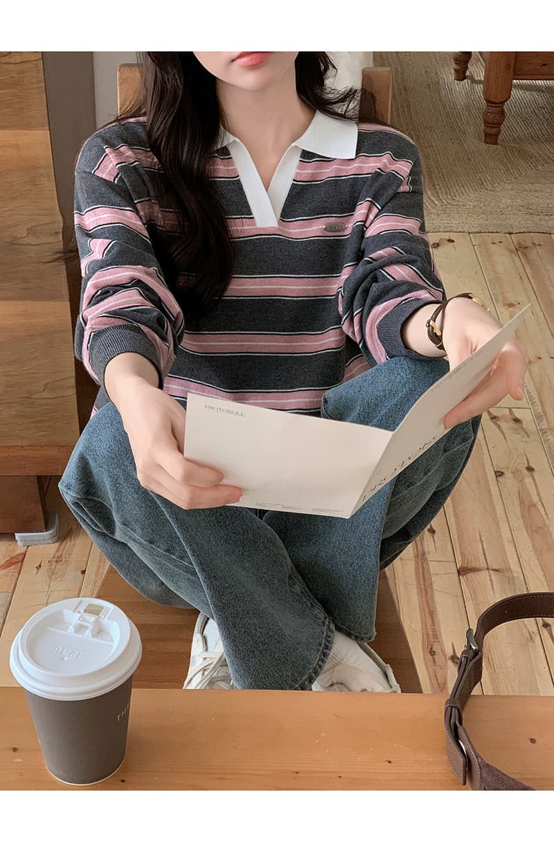 있음 밖으로 한국 스타일 스트라이프 패치워크 색상 POLO 칼라 니트 긴 소매 티셔츠 스웨터 맨위 여성 상세 이미지 47