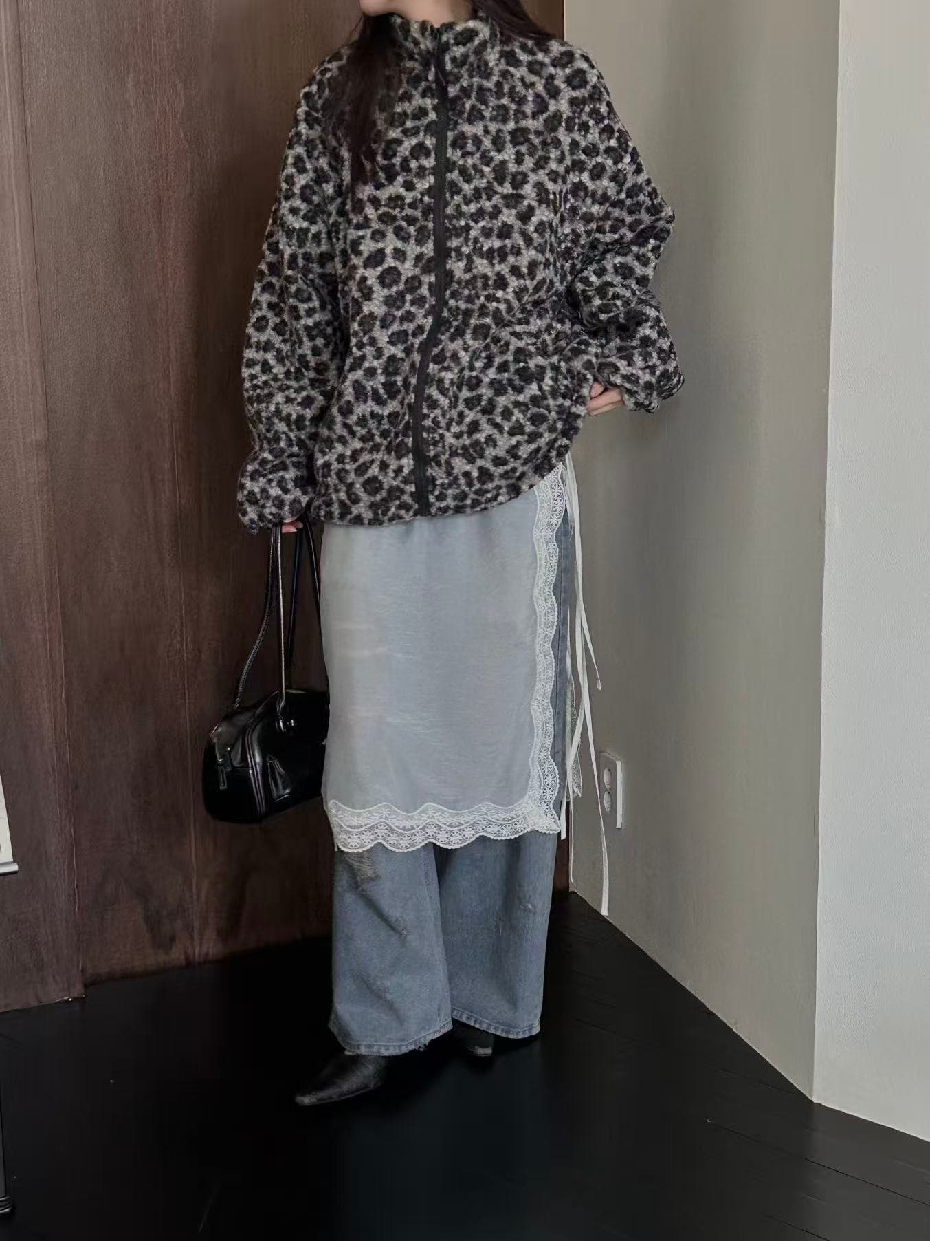 있음 선적 한국 겨울 신제품 레오파드 무늬 양털 플리스 두꺼운 털이 있는 보온 스탠드 칼라 재킷 여성 상세 이미지 11