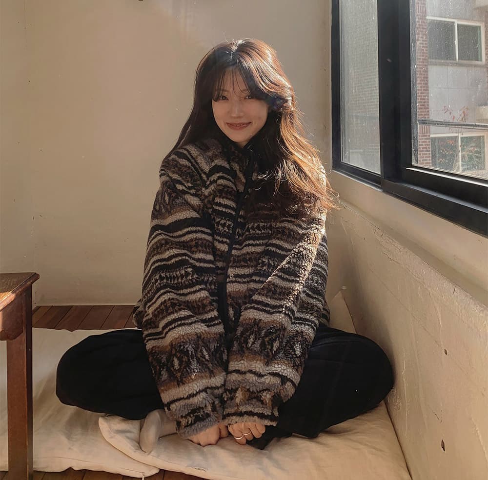 있음 밖으로 정가 한국 스타일 레트로 패턴 양털 양성 및 음성 양면 착용 양털 플리스 재킷 여성 상세 이미지 4