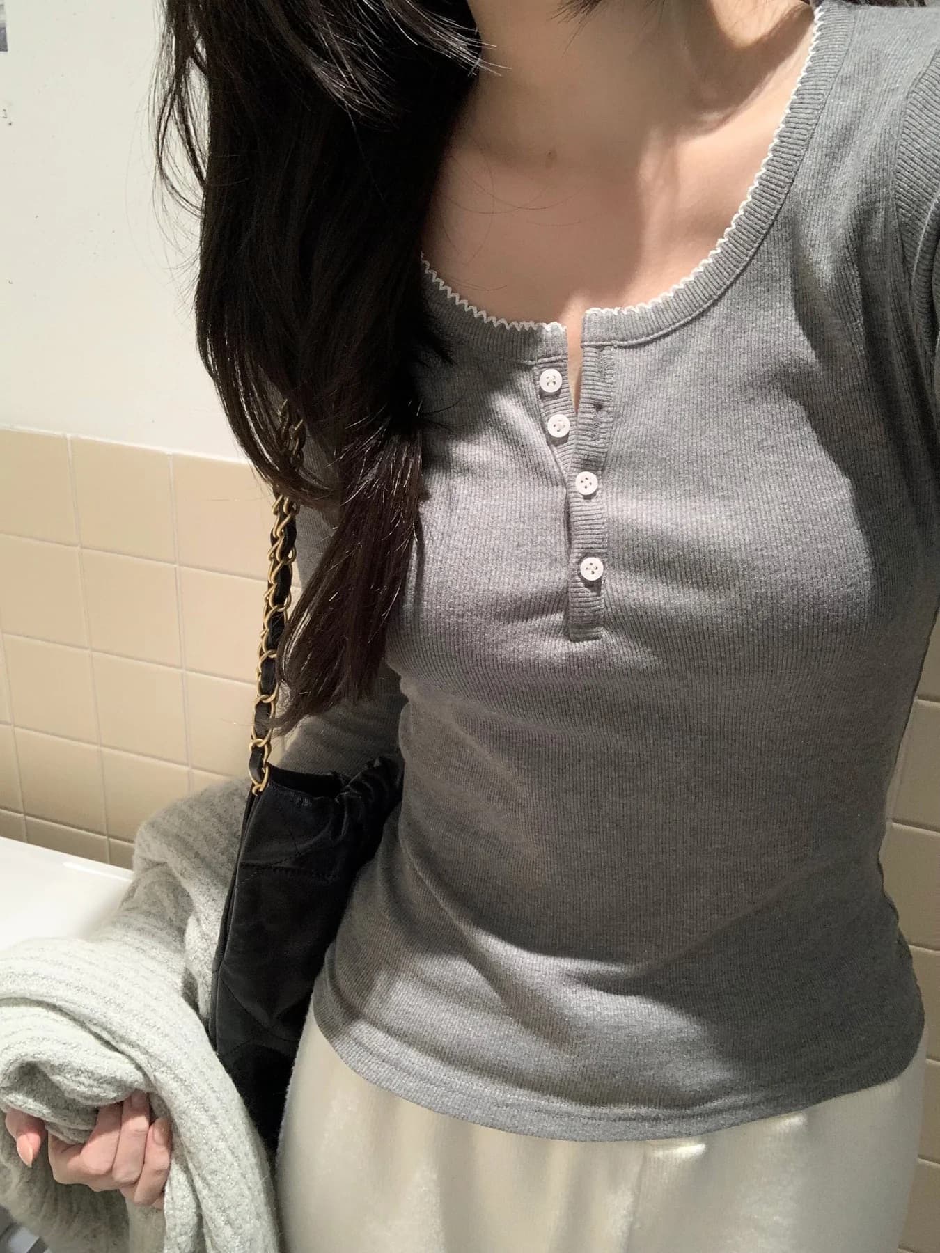 있음 밖으로 한국 스타일 다용도 반 개방 칼라 중국 북부 긴팔 티셔츠 여성 기초 디자인 센스 몸매 가꾸기 만나는 맨위 상세 이미지 59
