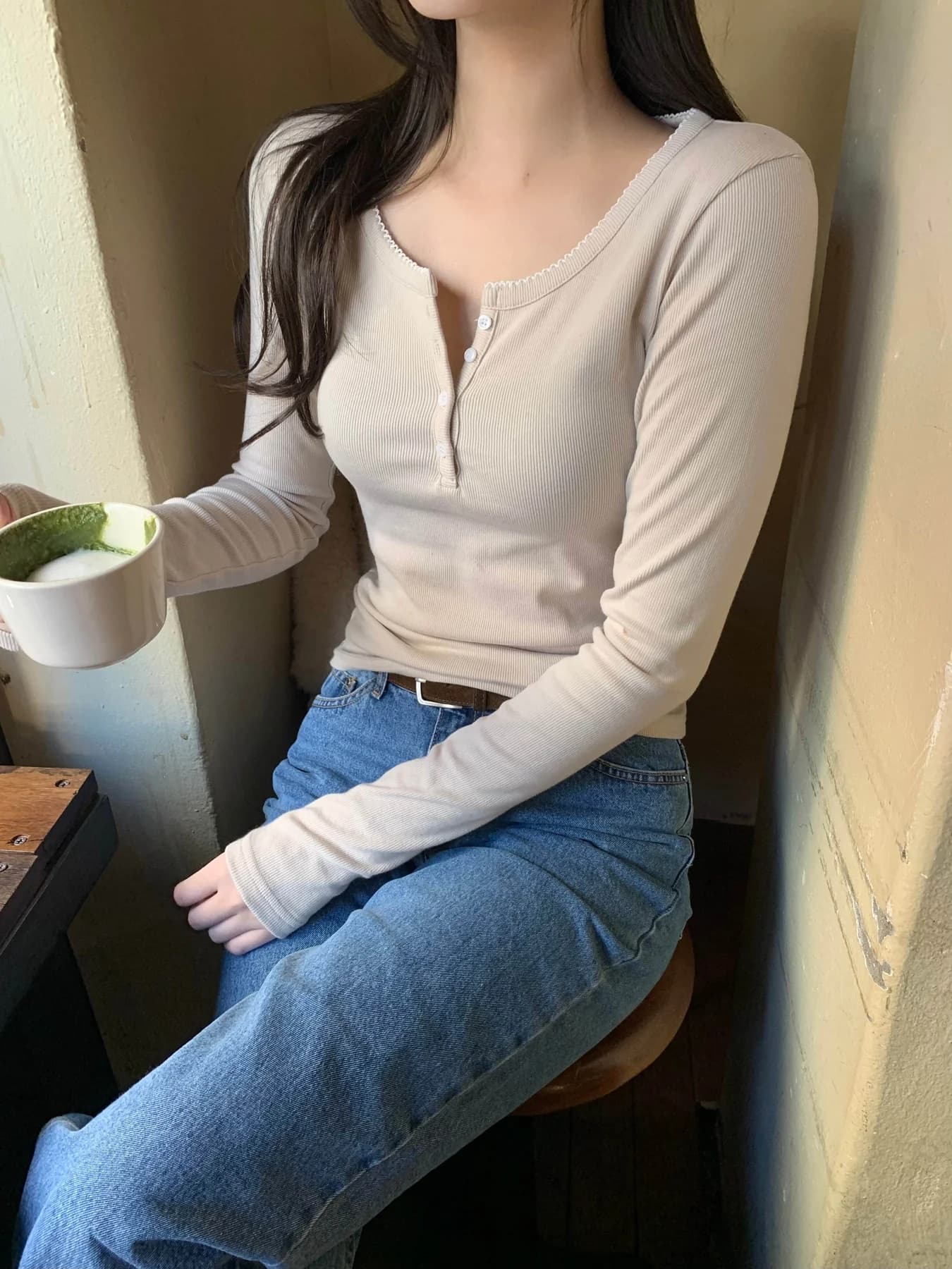 있음 밖으로 한국 스타일 다용도 반 개방 칼라 중국 북부 긴팔 티셔츠 여성 기초 디자인 센스 몸매 가꾸기 만나는 맨위 상세 이미지 71