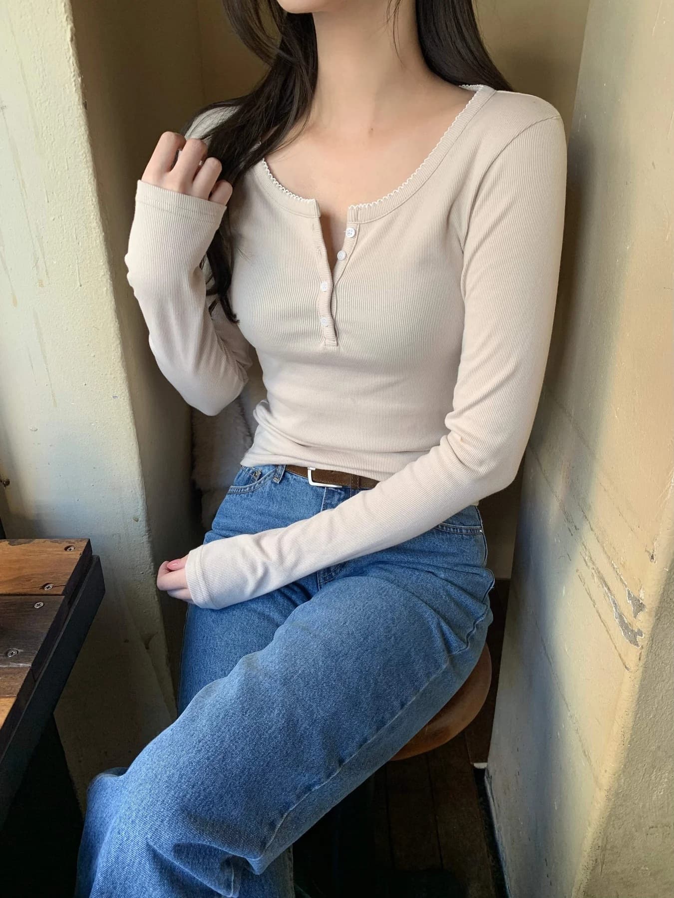 있음 밖으로 한국 스타일 다용도 반 개방 칼라 중국 북부 긴팔 티셔츠 여성 기초 디자인 센스 몸매 가꾸기 만나는 맨위 상세 이미지 73