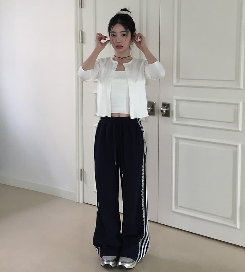 있음 밖으로 한국 스타일 다용도 슬림해 보이는 허리밴드 레이스 레이스 패치워크 캐주얼 바지 웨이 바지 긴 바지
