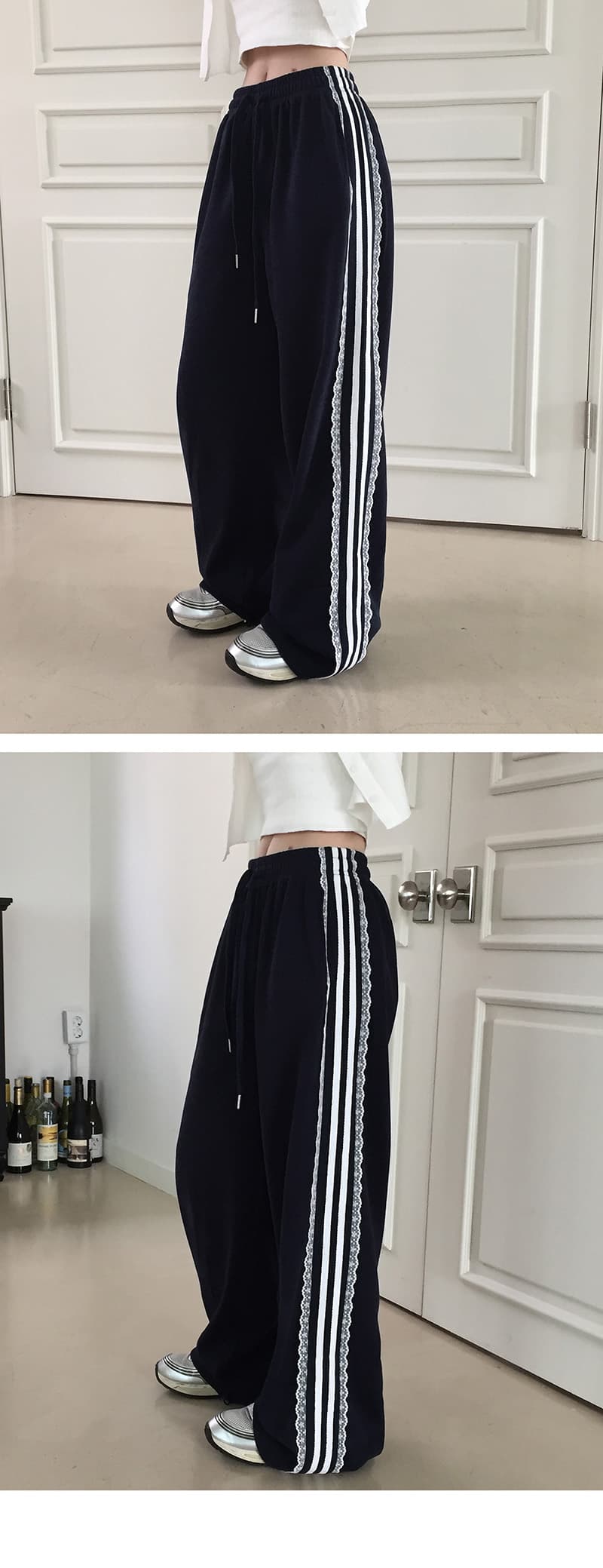 있음 밖으로 한국 스타일 다용도 슬림해 보이는 허리밴드 레이스 레이스 패치워크 캐주얼 바지 웨이 바지 긴 바지 상세 이미지 1