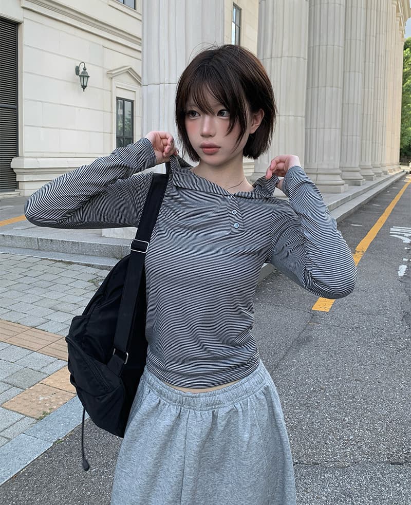 있음 선적 한 부서 이른 봄 다용도 레트로 미니멀리즘 디자인 센스 비스듬한 버클 몸매 가꾸기 슬림해 보이는 후드 티셔츠 맨위 이미지 2