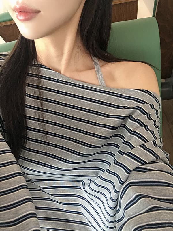 있음 밖으로 한 부서 작은 심장 기계 섹시함 순면 스트라이프 비스듬한 어깨 긴 소매 티셔츠 이미지 2