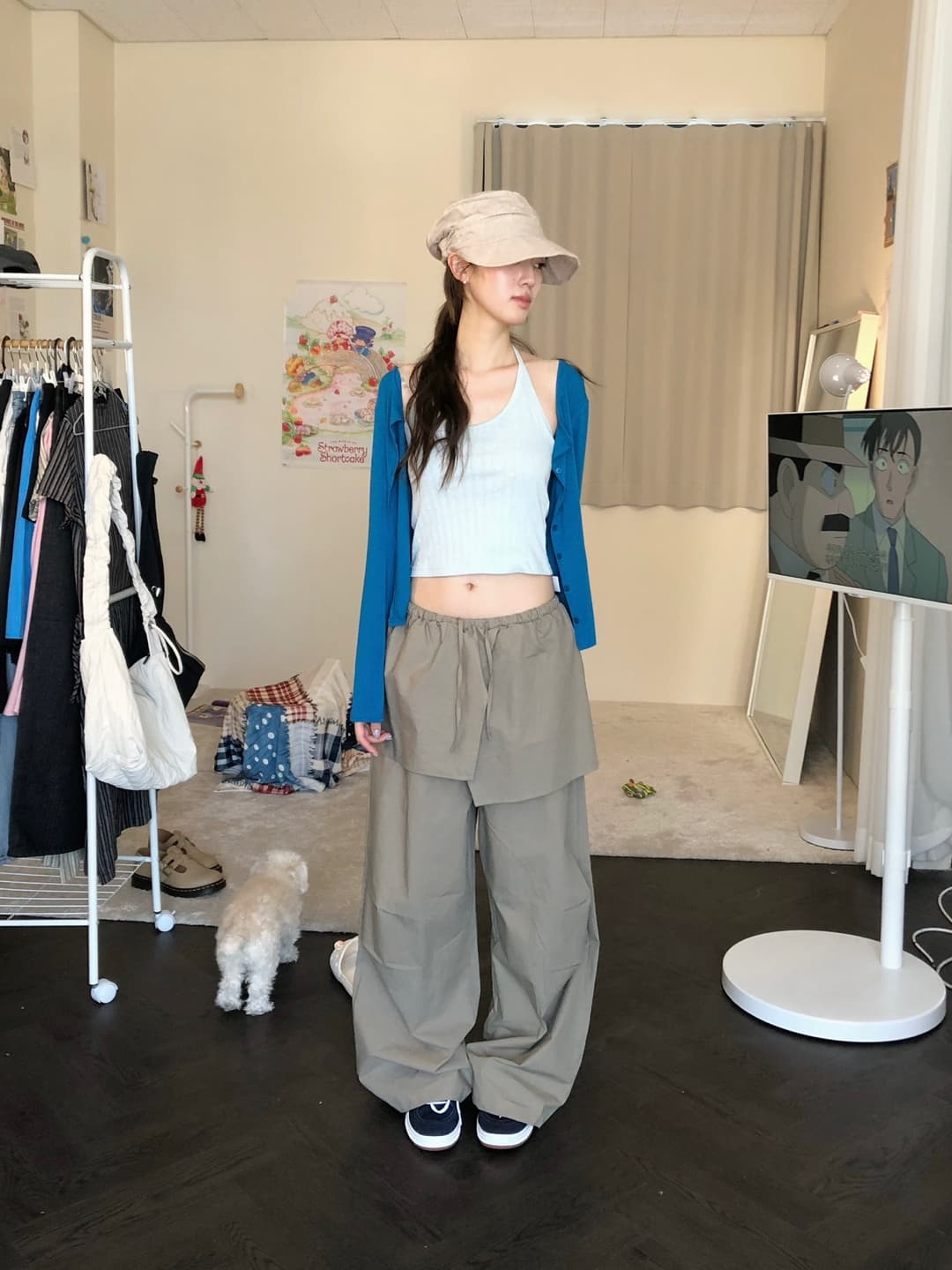 있음 밖으로 한국 스타일 보 주님 컬렉션 섹션 치마 스타일 레이어링 허리밴드 핀치 Pleat 루즈핏 캐주얼 바지 여성