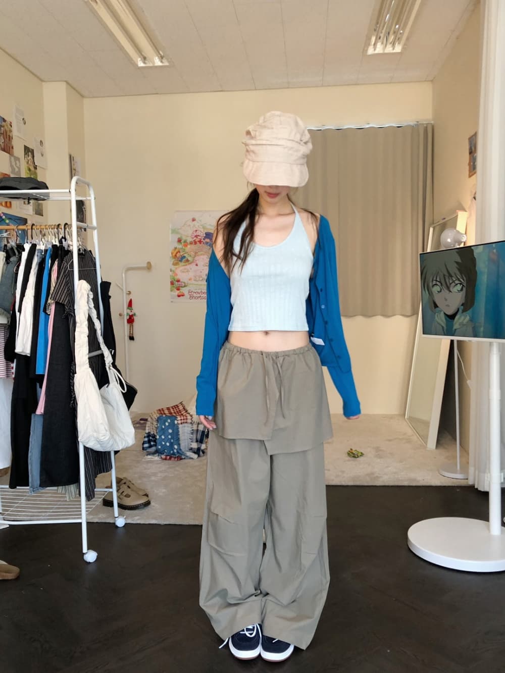있음 밖으로 한국 스타일 보 주님 컬렉션 섹션 치마 스타일 레이어링 허리밴드 핀치 Pleat 루즈핏 캐주얼 바지 여성 상세 이미지 19
