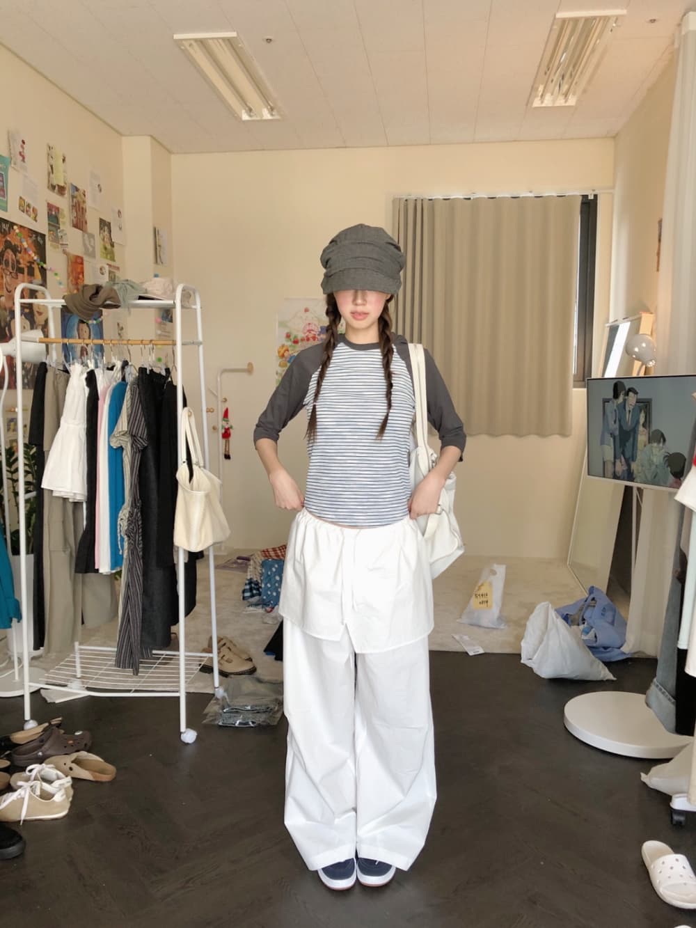 있음 밖으로 한국 스타일 보 주님 컬렉션 섹션 치마 스타일 레이어링 허리밴드 핀치 Pleat 루즈핏 캐주얼 바지 여성 상세 이미지 26