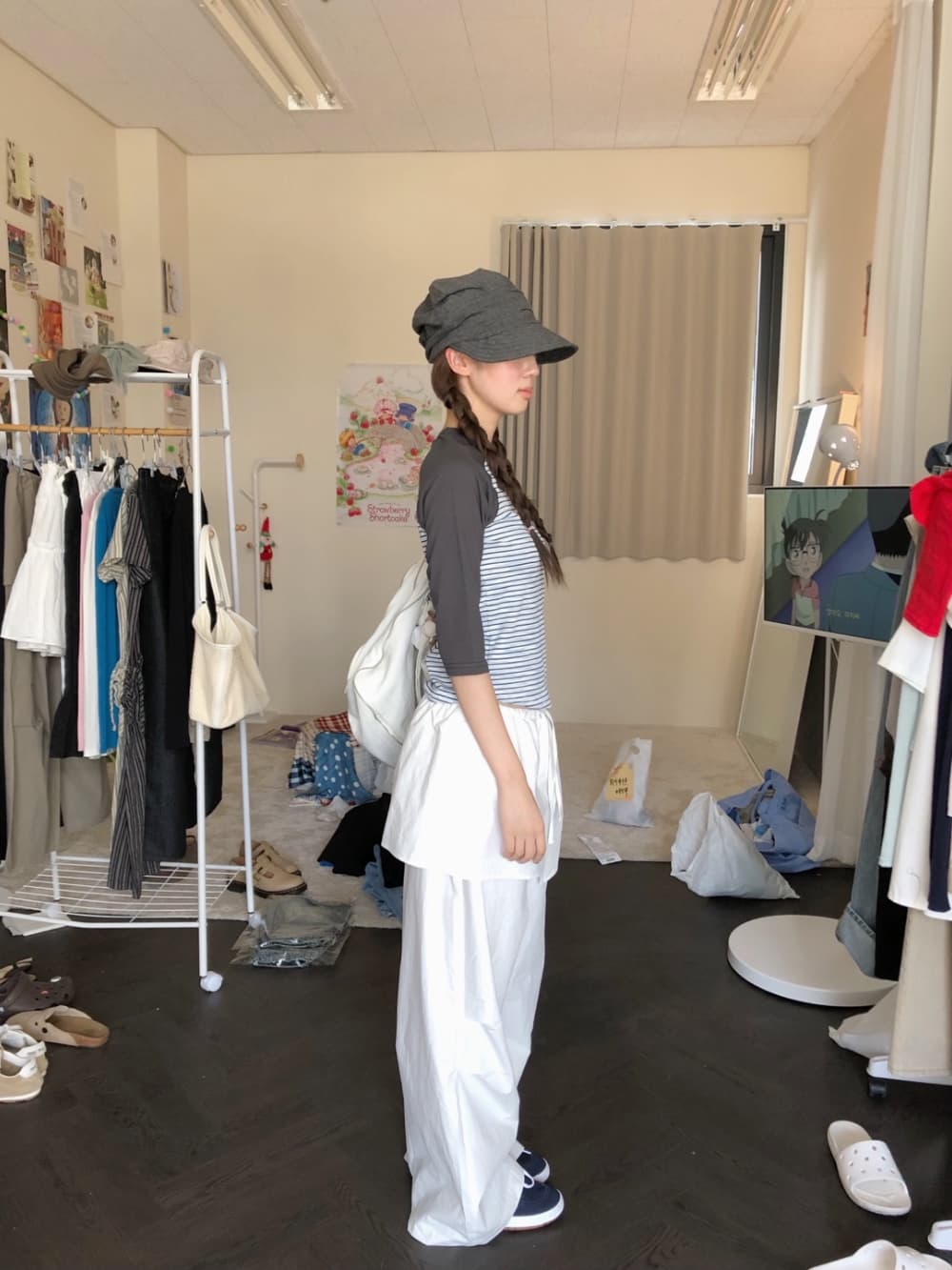 있음 밖으로 한국 스타일 보 주님 컬렉션 섹션 치마 스타일 레이어링 허리밴드 핀치 Pleat 루즈핏 캐주얼 바지 여성 상세 이미지 28