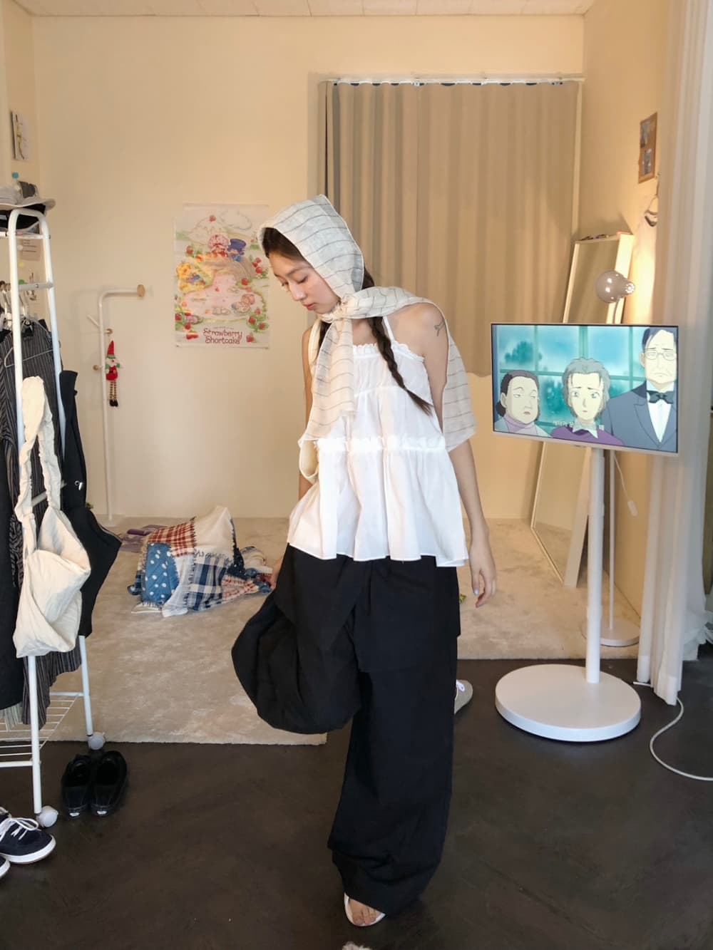 있음 밖으로 한국 스타일 보 주님 컬렉션 섹션 치마 스타일 레이어링 허리밴드 핀치 Pleat 루즈핏 캐주얼 바지 여성 상세 이미지 35